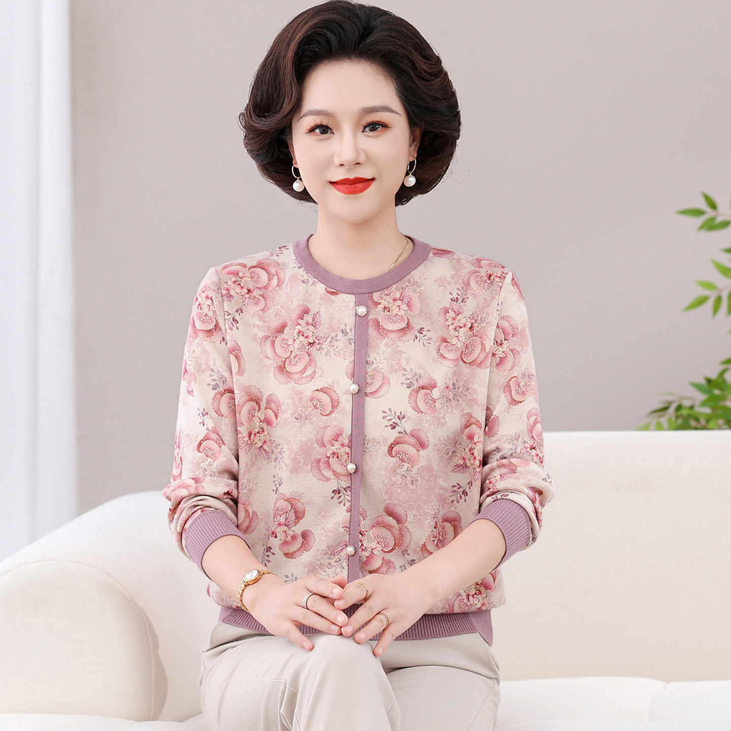 春秋妈妈装花朵印花针织打底衫