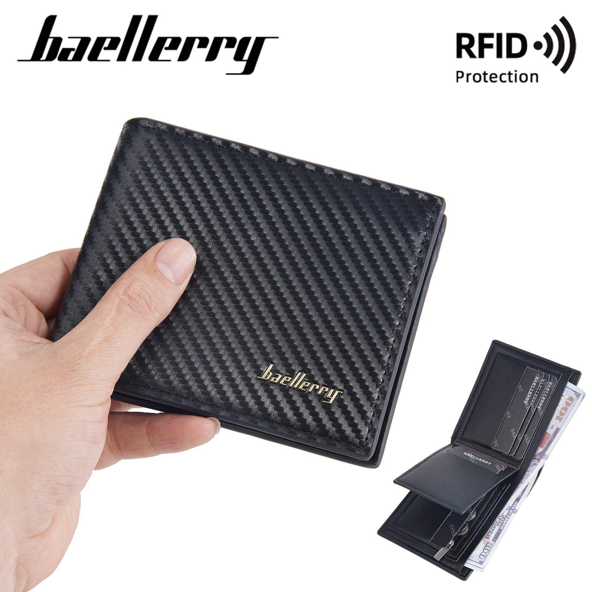 钱包新款pu碳纤维男士感rfid防磁男短款硬币拉链袋钱夹wallet