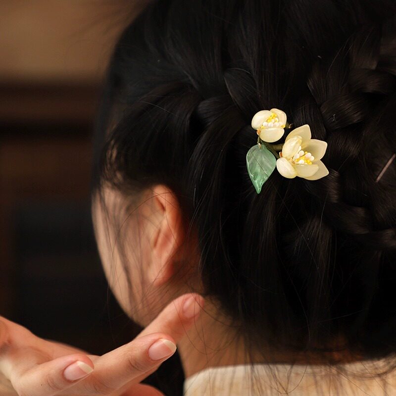 手工玉兰花u型发簪女新中式汉服旗袍后脑勺盘发簪子现代日常发饰