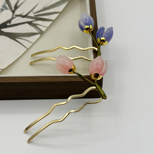 新中式复古郁金香花朵u型发簪女金属波浪簪子气质盘发发钗头饰品