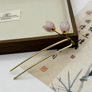 古风郁金香花朵长款u型发簪女金属发钗手工DIY粉色花朵头饰发饰品