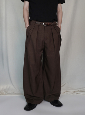 ShhhShh丨活页四褶西裤棕色老钱风A字廓形宽松通勤休闲阔腿长裤