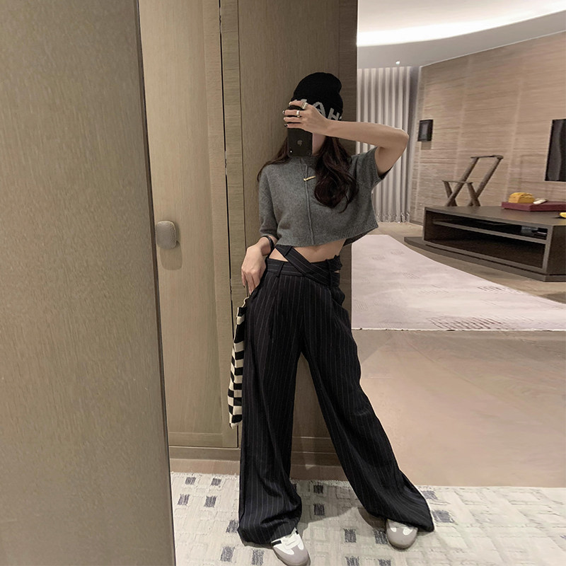 499# 条纹西装裤女夏薄设计感垂感高腰休闲拖地阔腿直筒裤