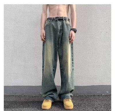 水洗做旧牛仔裤男夏季美式高街复古宽松阔腿直筒痞帅长裤子黄泥色