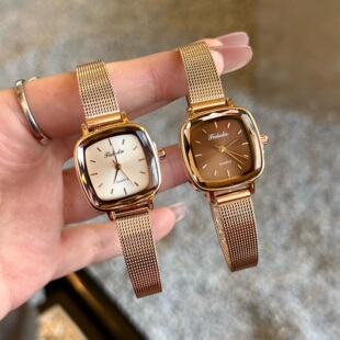 可可棕小方糖网带女表小巧方形防水石英精致钢带高级轻奢名牌