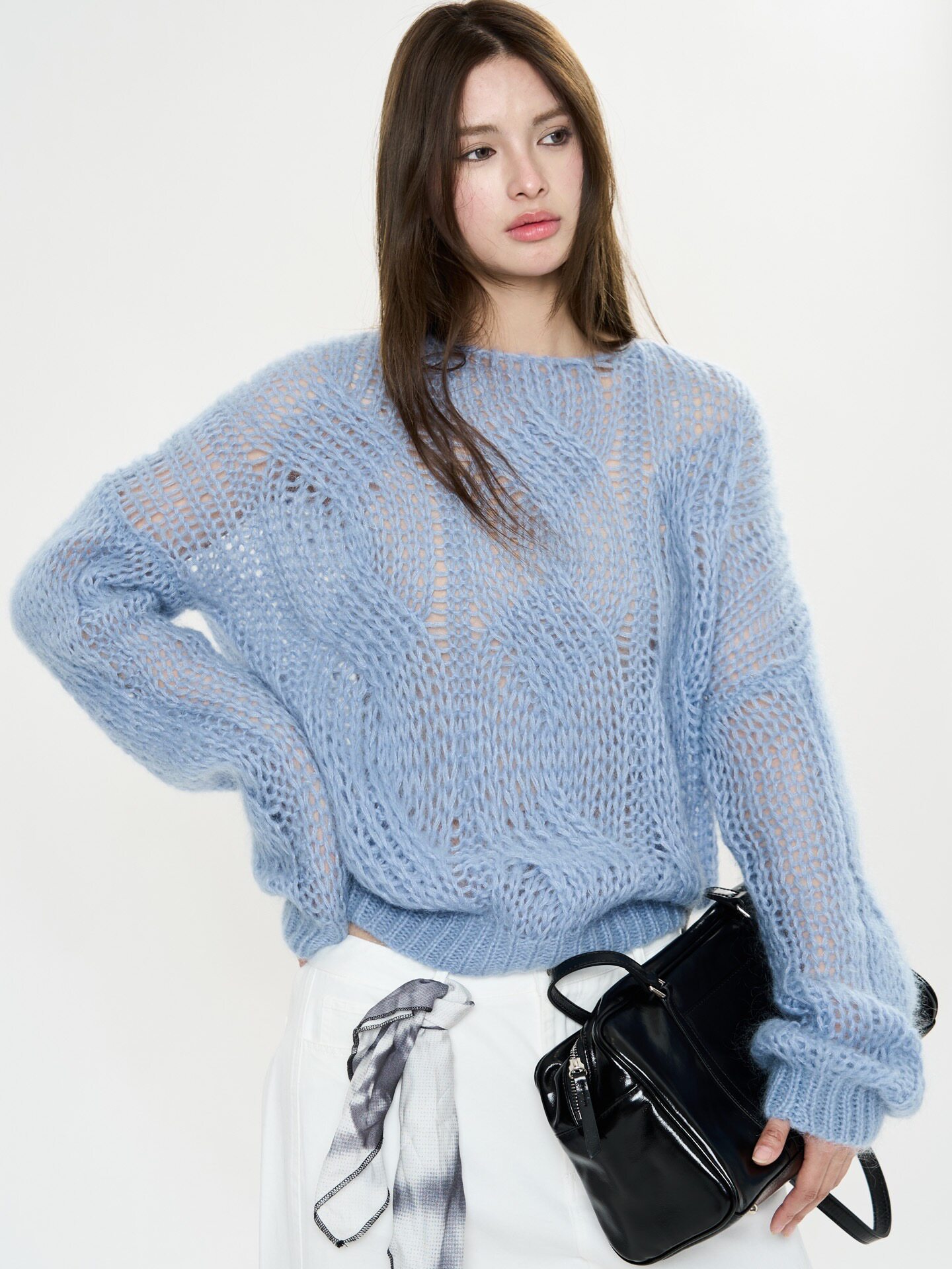 肆·温柔简约马海毛羊毛镂空绞花慵懒上衣女