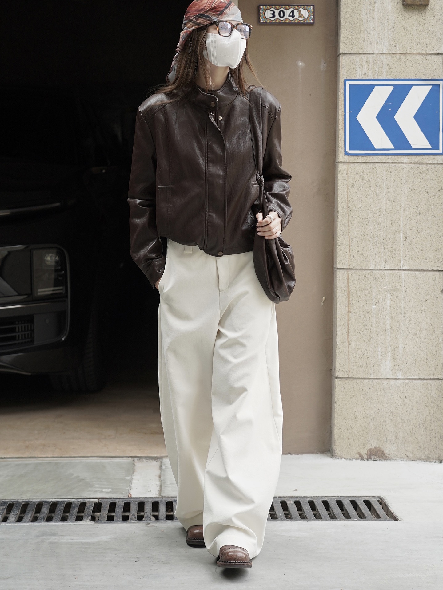 肆·韩系复古皮衣拼接PU夹克短款立领外套女配同色包袋