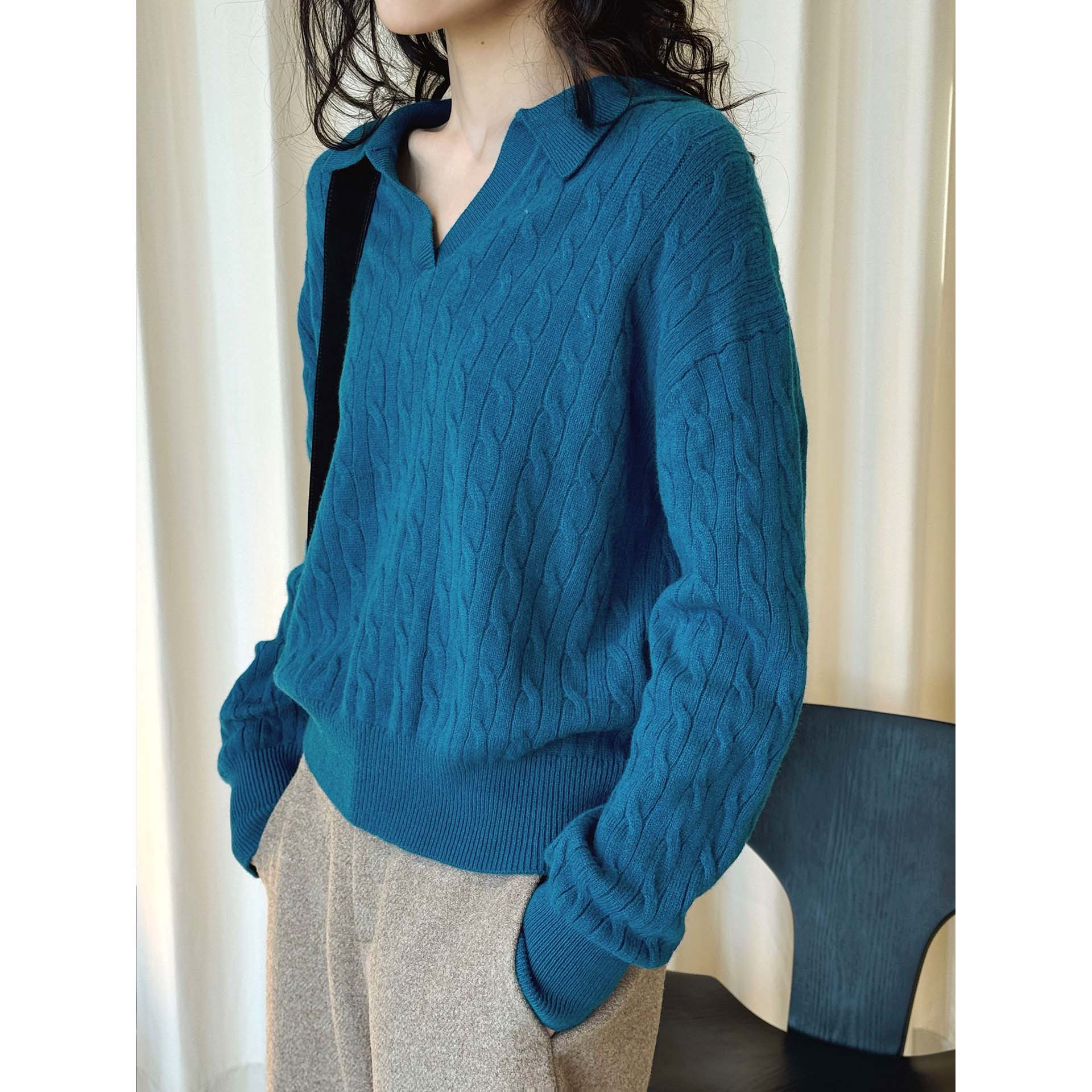 肆·早春慵懒Polo领绞花针织全羊毛宽松舒适上衣女