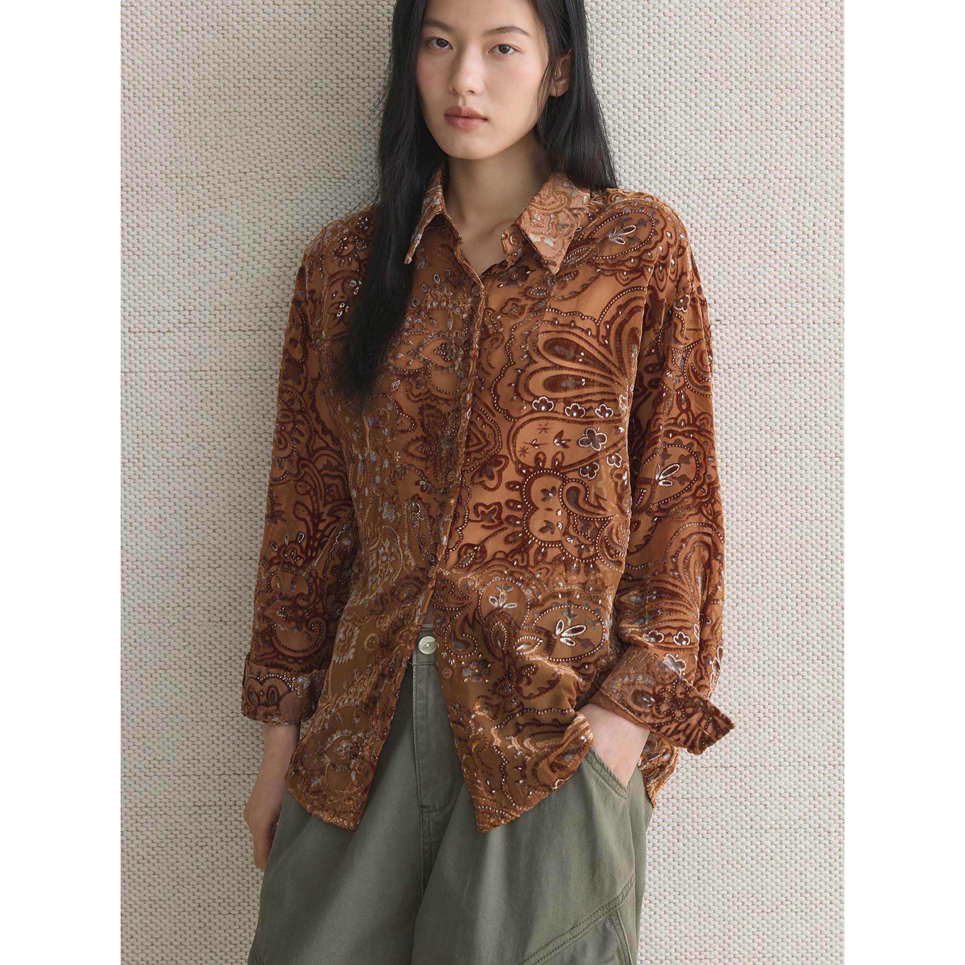 肆·早春日系复古翻领植绒印花透肤衬衫柔软上衣女