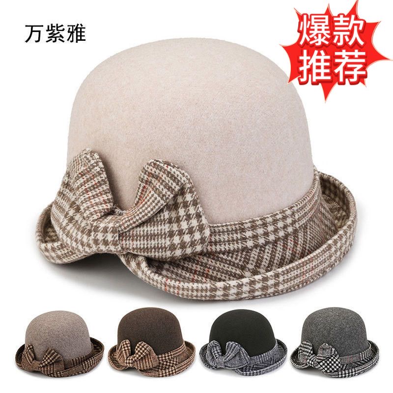 秋冬季新款女士帽子格子毛呢盆帽英伦风可折叠保暖中老年妈妈礼帽