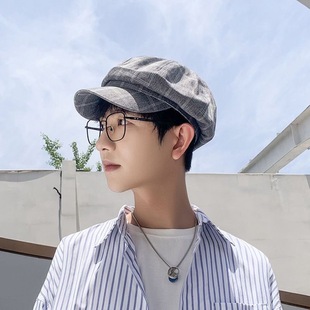 复古英伦八角帽男潮日系报童画家鸭舌贝雷帽子男士春秋冬季格子帽