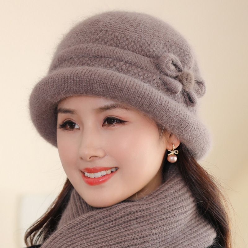 秋冬中老年人帽子女妈妈毛线帽加绒防寒盆帽奶奶老太太兔毛针织帽