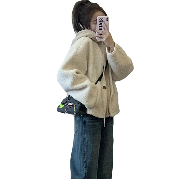 新款小个子假两件羊羔毛短外套女冬季加厚连帽开衫小香风绒感外套