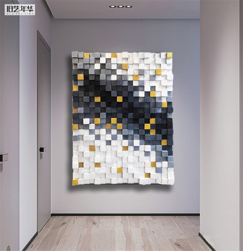 旧艺年华简约现代客厅玄关装饰画马赛克木块实物挂画工艺样板房画图片
