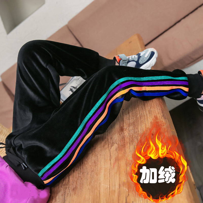 儿童肥腿裤子宽松男深秋冬潮流时尚女加厚加薄绒帅气金丝绒休闲裤