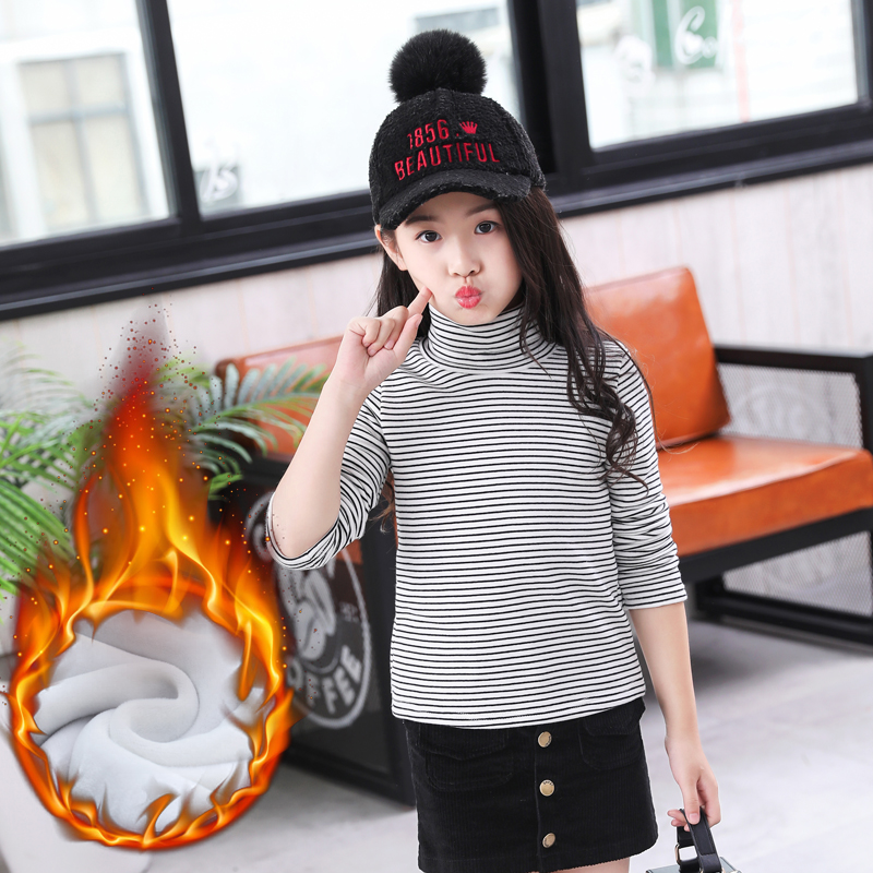 中高领条纹加绒加厚外穿打底衫