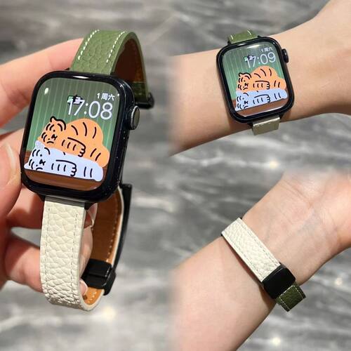 适用iwatch10苹果Applewatch456789SE手表带真皮荔枝纹拼色磁吸扣