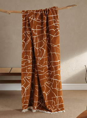 咖橙色条纹中古风酒店民宿搭毯床尾巾别墅样板房软装装饰毯定制