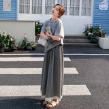 灰色休闲套装女装2025夏季松弛感蕾丝拼接T恤头绳阔腿裤裙两件套，女装连衣裙，时倾STUDIO