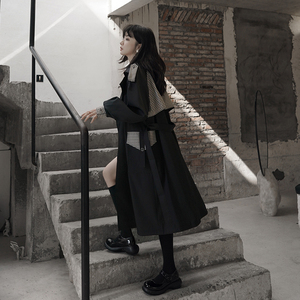 设计感黑色格子风衣女中长款2024年春秋新款气质过膝工装大衣外套,女装风衣,时倾STUDIO