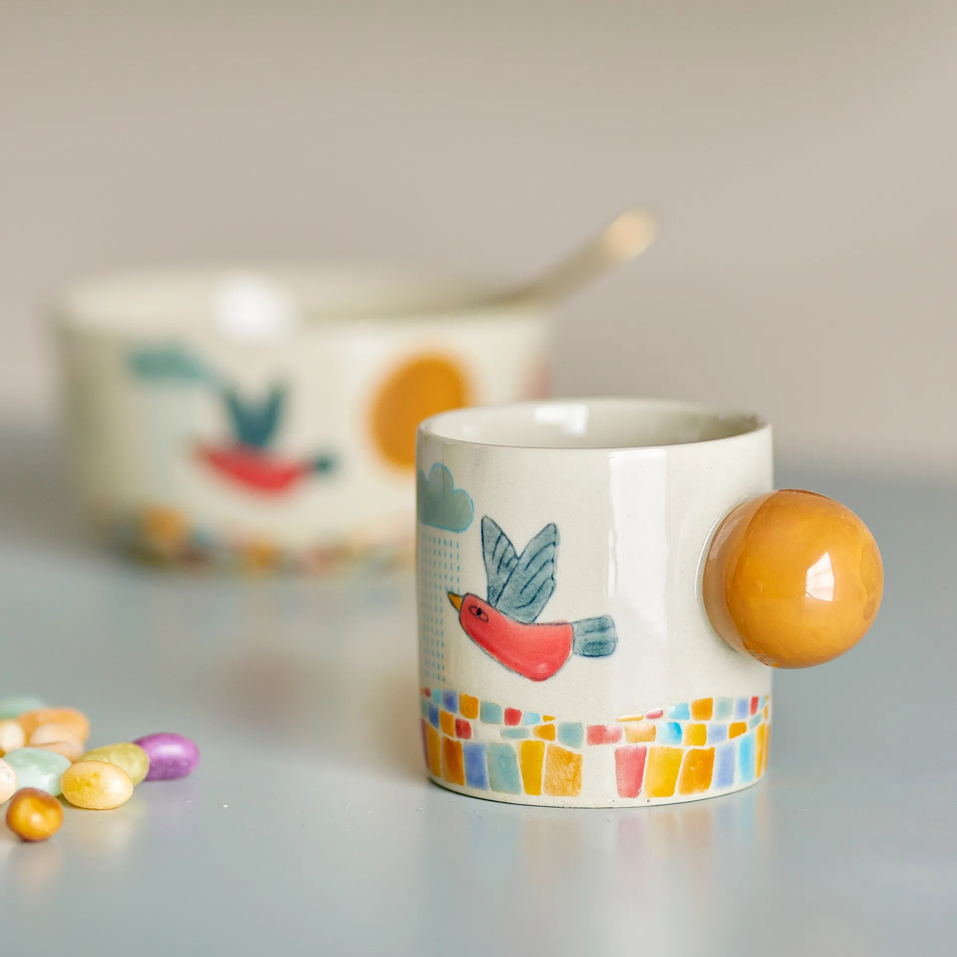 丹麦代购Bloomingville 可爱圆球手柄儿童马克杯喝水牛奶杯陶瓷碗