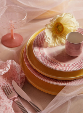 瑞典 Mateus 粉色浮雕条纹陶瓷盘子饭碗汤碗西餐餐具碟子马克杯子