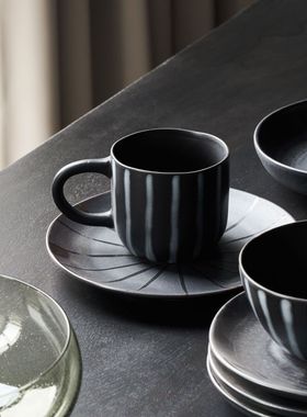 瑞典代购 House Doctor 北欧黑色条纹陶瓷咖啡杯碟小碗茶杯马克杯