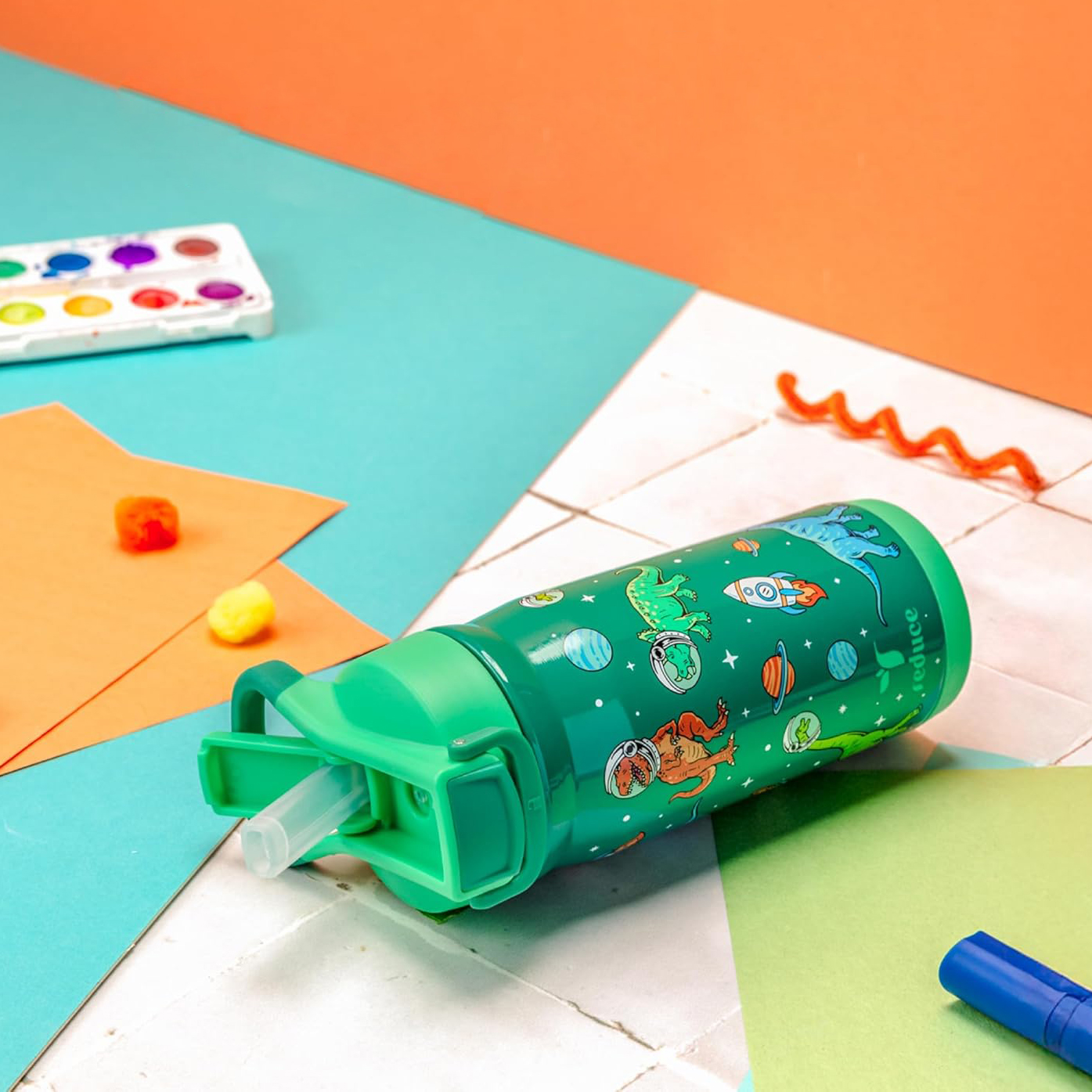 美国代购 REDUCE 可爱卡通儿童不锈钢杯子带吸管水杯上学便携水瓶