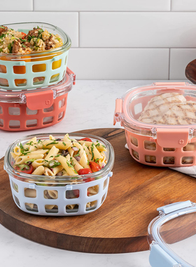 美国代购 Ello 多彩硅胶套玻璃保鲜盒密封可微波午餐便当盒套装