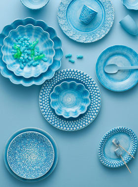 瑞典Mateus超美绿松石重磅艺术手工描绘浮雕陶瓷盘子西餐碟子杯子