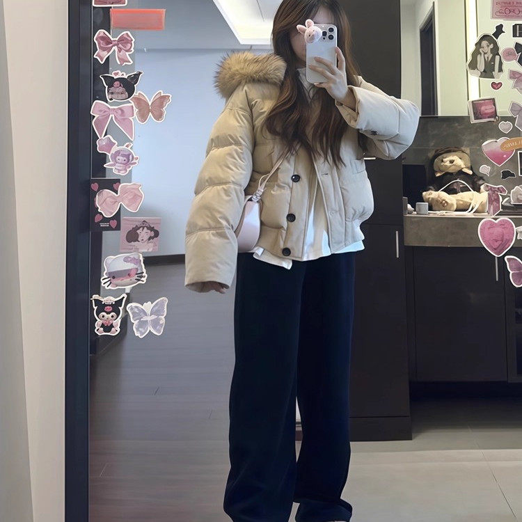 加厚黑色短款冬季小个子面包服棉服外套白鸭绒大毛领连帽羽绒服女