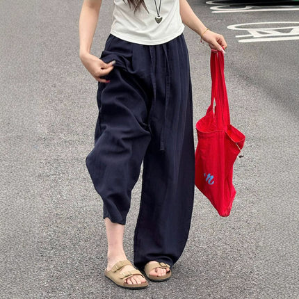 亚麻垂感阔腿裤女夏薄款藏蓝色冰丝裤子大码胖妹妹显瘦棉麻弯刀裤