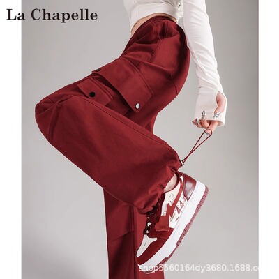 trousers美式工装裤女松紧高腰抽绳束脚休闲直筒宽松阔腿运动裤子