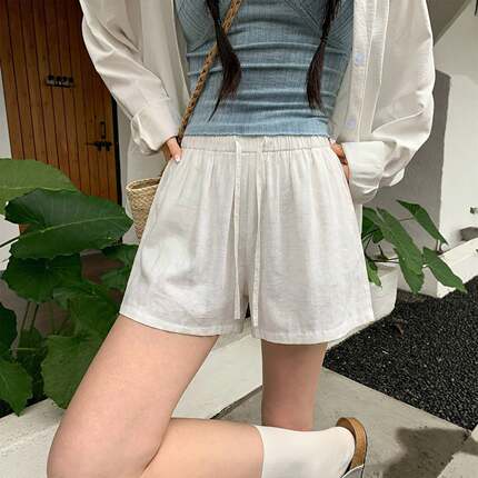 白色亚麻短裤女夏季薄款2026新款a字宽松外穿休闲运动棉麻五分裤