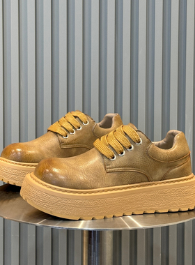 棕色德比鞋男款2025新款低帮短靴厚底增高大头工装皮鞋冬季加绒鞋