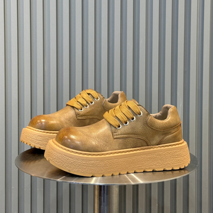 棕色德比鞋男款2025新款低帮短靴厚底增高大头工装皮鞋冬季加绒鞋