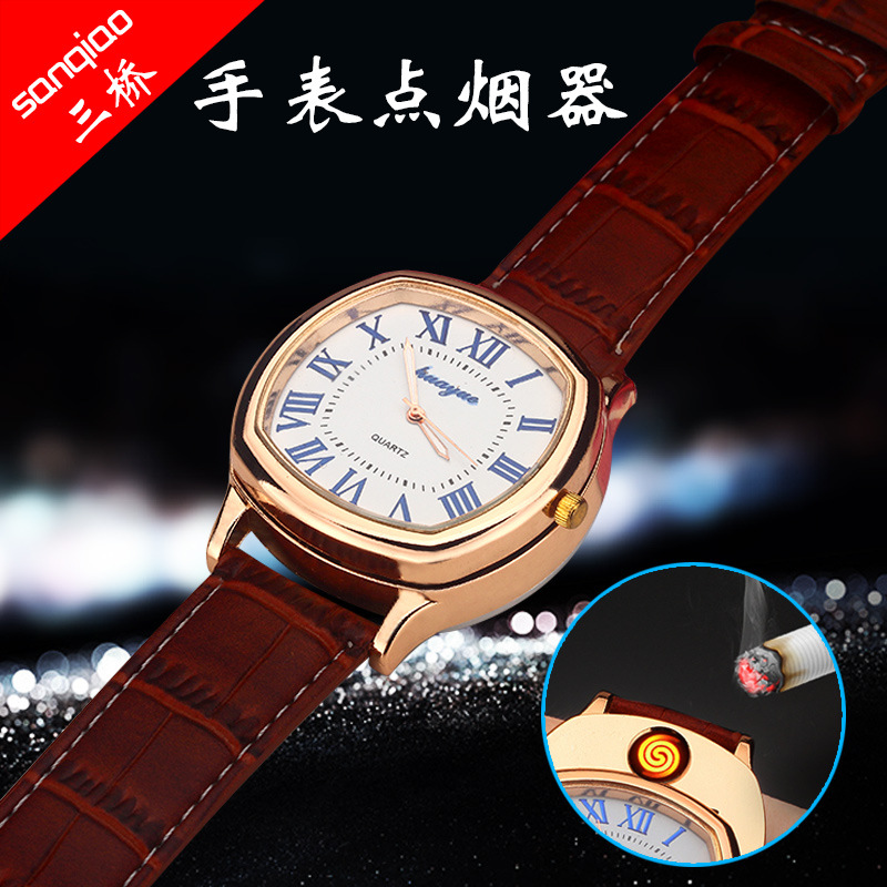 厂家直销手表充电打火机创意个性USB电子点烟器金属男士腕表火机