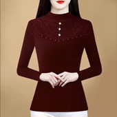 秋冬季 女士妈妈气质中老年打底上衣 钉珠网纱半高领打底衫 新款 时尚