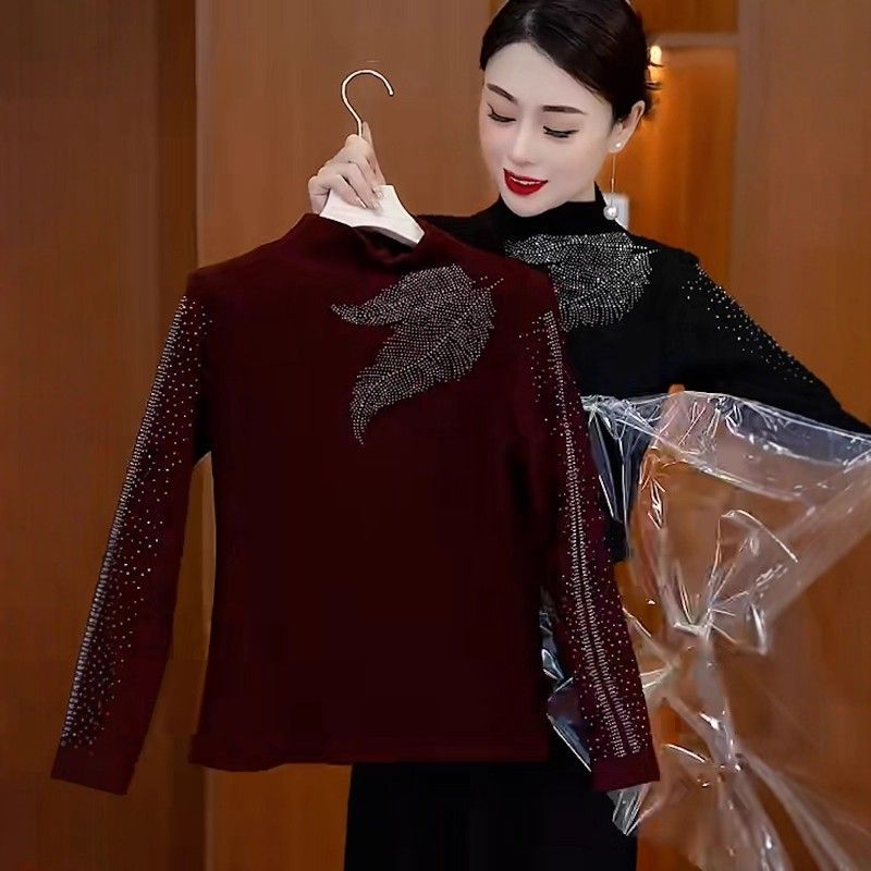 半高领秋冬新款重工烫钻打底衫