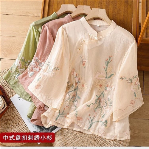 新中式国风棉麻重工刺绣衬衫女夏