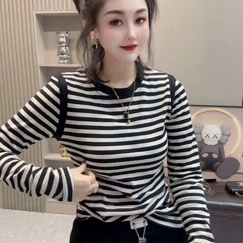 黑白条纹长袖韩版宽松撞色T恤女