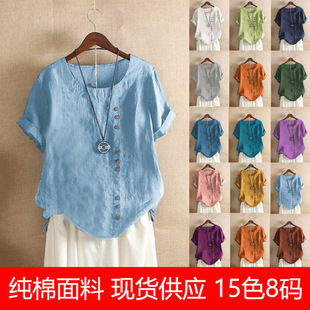 Women's top large casual loose cotton linen T-shirt大码女T恤