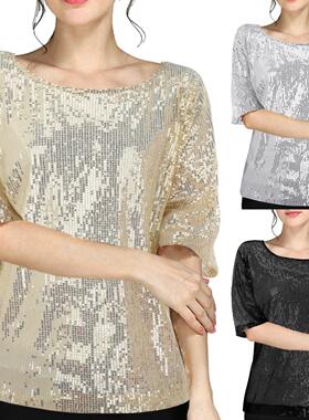 Round neck vest women's top sequin T-shirt女气质欧美亮片T恤