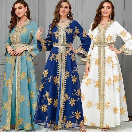 中东东南亚迪拜聚会度假旅游印花两件套时尚女装套装晚礼服连衣裙