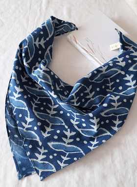 南白|印度进口53*53手工蓝染拓印方巾indigo长绒棉植物小围巾头巾