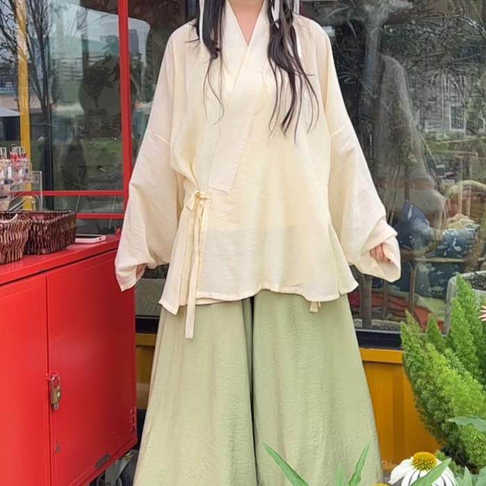 汉黛记夏季轻薄对穿交短袖改良阔腿宋裤汉服女长袖天丝麻汉服女