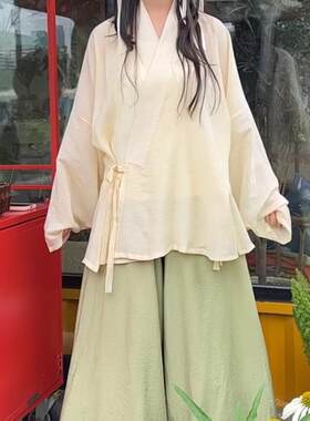 汉黛记夏季轻薄对穿交短袖改良阔腿宋裤汉服女长袖天丝麻汉服女