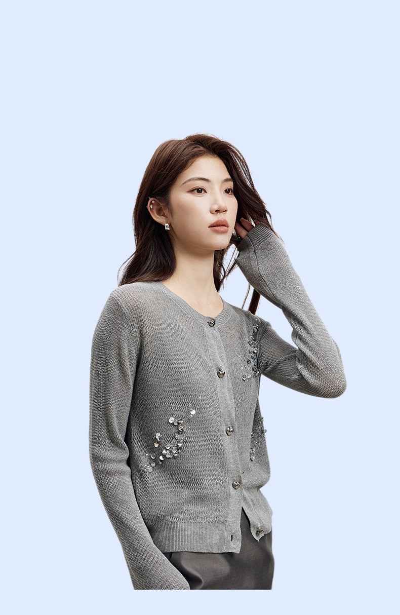 天丝亚麻针织开衫女薄款2026春季新款女装高级感手工钉珠毛衣外套