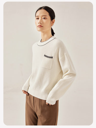 BC同款秋季新款女装圆领钉珠针织衫上衣长袖100%美利奴绵羊毛衫