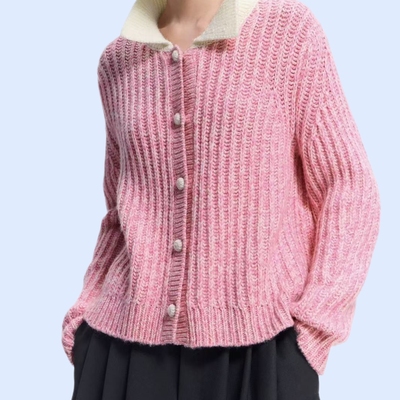 ES高端轻奢翻领粉红色100纯羊毛针织衫女冬装坑条百搭毛衣外濮院